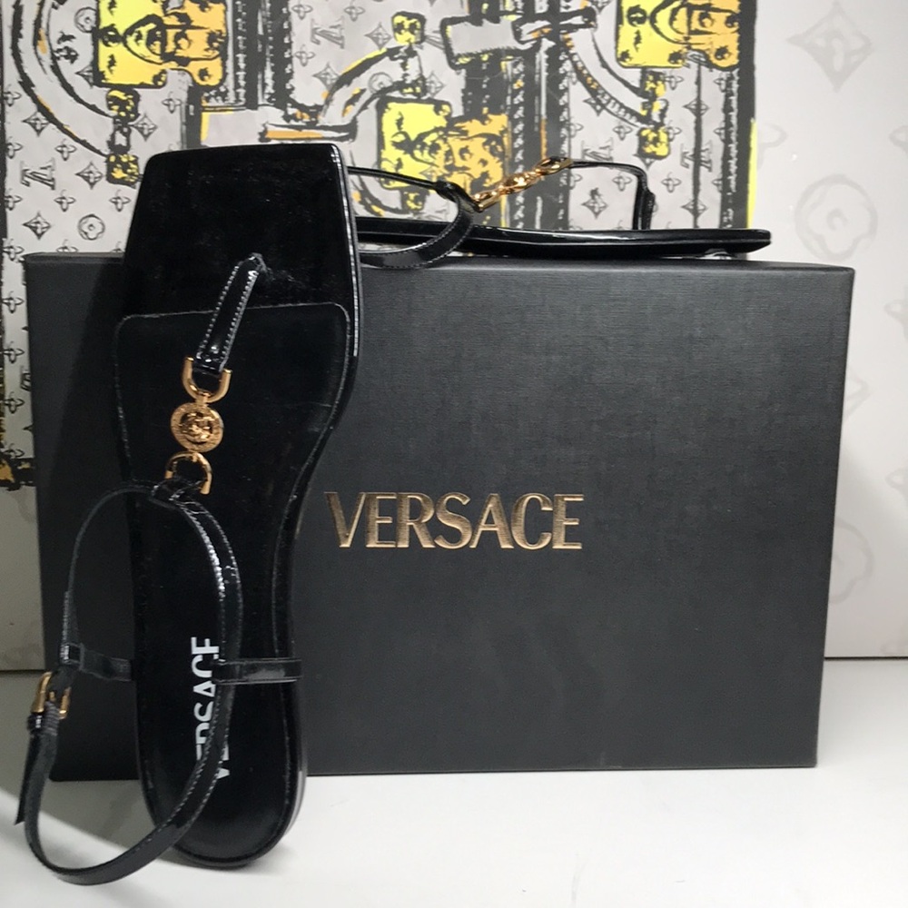 New Authentic Designer Versace Black T-Strap Sandals – Iconic Medusa Hardware